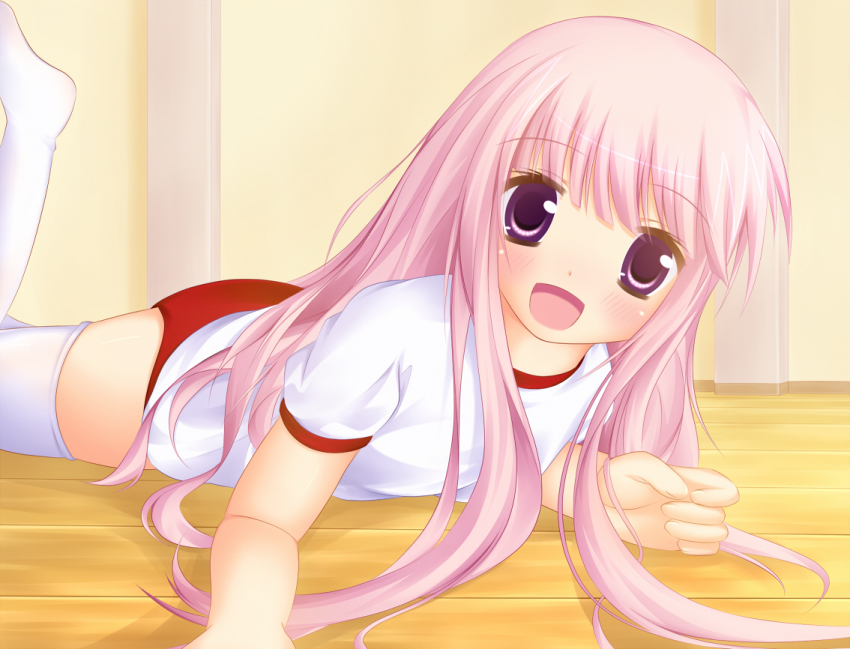 10s 1girl ass blush buruma female_focus gym_uniform hakamada_hinata long_hair lying mo-tototo on_stomach pink_eyes pink_hair rou-kyuu-bu! smile solo thighhighs very_long_hair