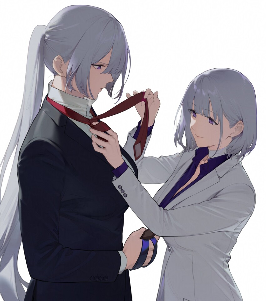 2girls ak-15_(erwin)_(girls&#039;_frontline) ak-15_(girls&#039;_frontline) backlighting bandaged_neck bandages black_suit business_suit duoyuanjun formal_clothes girls&#039;_frontline grey_hair height_difference highres light_smile long_hair long_sleeves multiple_girls necktie office_lady official_alternate_costume ponytail purple_eyes purple_shirt rpk-16_(girls&#039;_frontline) rpk-16_(renate)_(girls&#039;_frontline) shirt short_hair suit tying_necktie upper_body white_background white_shirt white_suit