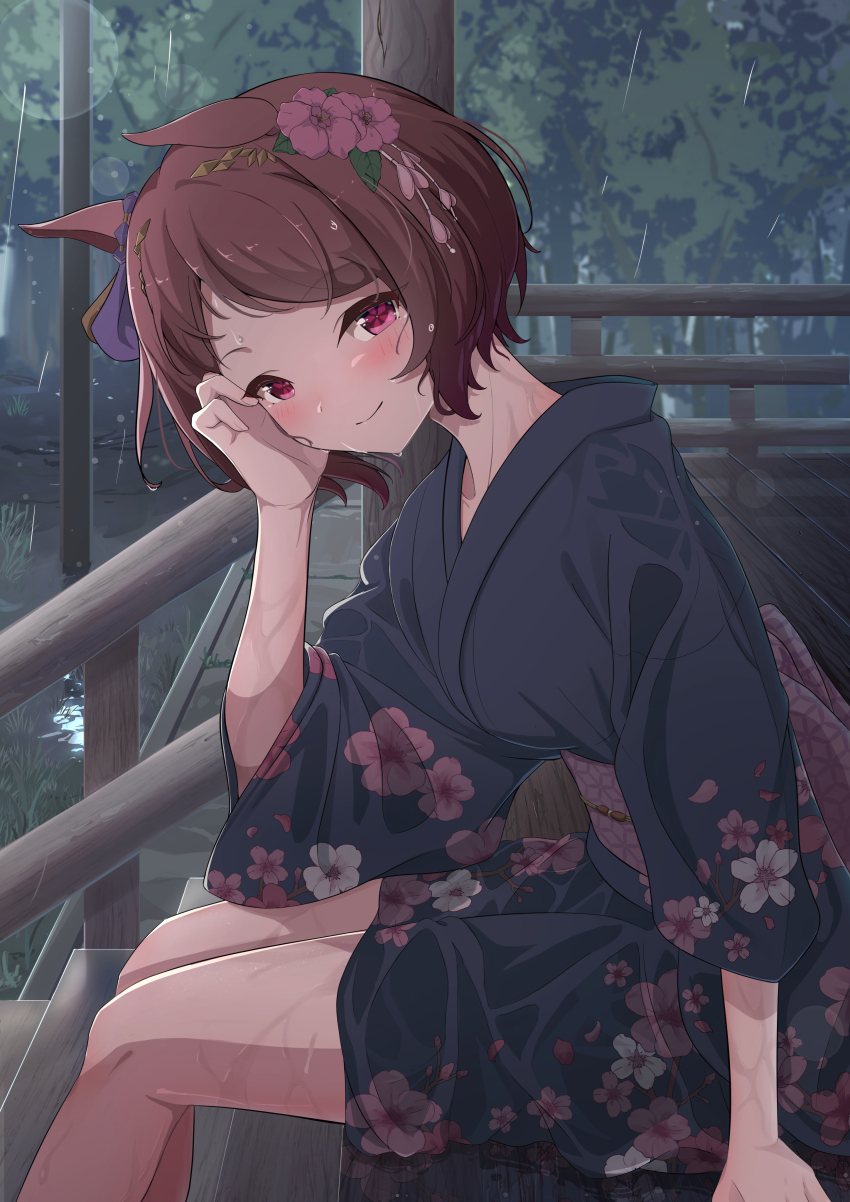 1girl absurdres animal_ears blurry blurry_background blush breasts brown_hair commentary_request flower hair_between_eyes hair_flower hair_ornament highres horse_ears horse_girl horse_tail japanese_clothes kimono looking_at_viewer pink_eyes rain sakura_laurel_(umamusume) sevlhd_hero sitting smile solo tail umamusume wet