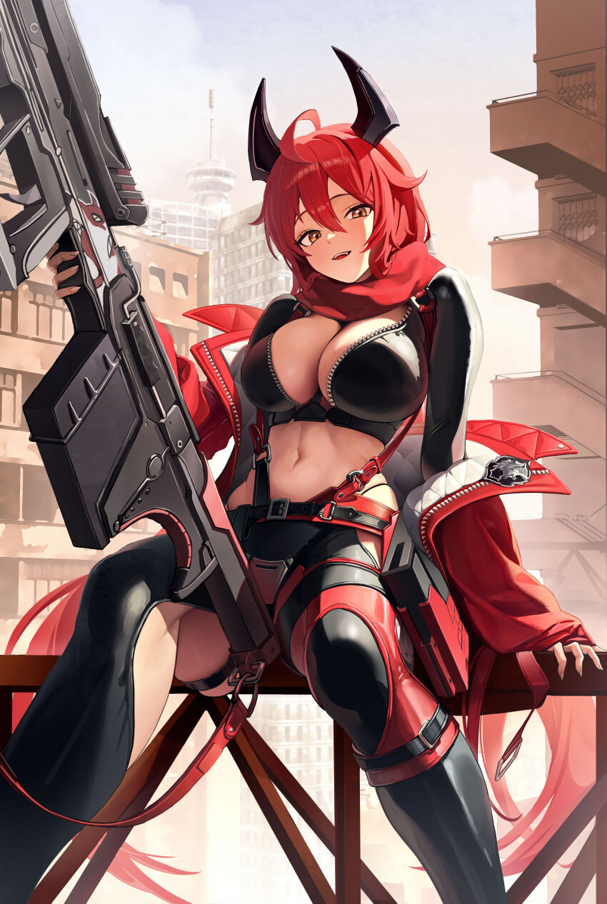 1girl absurdres antenna_hair arm_support black_horns black_jacket black_pants breasts center_opening cleavage clothing_cutout commentary cropped_jacket goddess_of_victory:_nikke gun hair_between_eyes hallo_(rltkdydrltk) hashtag-only_commentary highres holding holding_gun holding_weapon horns jacket large_breasts latex_jacket leg_cutout long_hair looking_at_viewer mechanical_horns navel off_shoulder open_mouth orange_eyes pants red_hair red_hood_(nikke) red_jacket red_scarf scarf sitting solo stomach weapon weapon_request