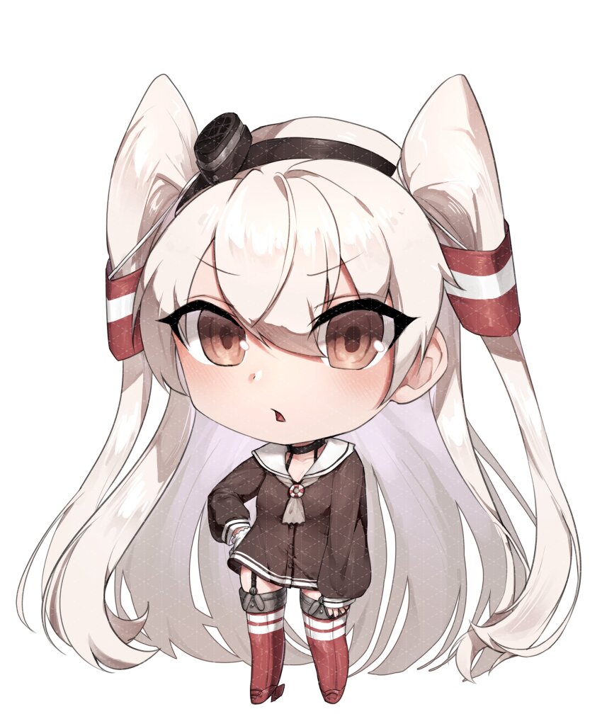 1girl absurdres amatsukaze_(kancolle) brown_dress brown_eyes chestnut_mouth chibi choker dress enneh garter_straps gloves grey_hair grey_neckerchief hair_tubes hand_on_own_hip hat highres kantai_collection lifebuoy_ornament long_hair looking_at_viewer mini_hat neckerchief red_thighhighs sailor_collar sailor_dress short_dress simple_background single_glove smokestack_hair_ornament solo striped_clothes striped_thighhighs thighhighs two_side_up watermark watermark_grid white_background white_gloves white_sailor_collar