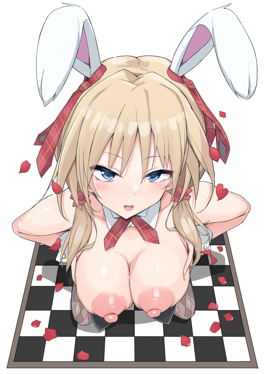 1girl :d animal_ears bare_shoulders blonde_hair blue_eyes blush breast_hold breasts breasts_squeezed_together checkered_floor cleavage commentary_request commission detached_collar foreshortening from_above hair_between_eyes hair_ornament hair_scrunchie hapymaher highres kneeling large_breasts leotard long_hair looking_at_viewer low_twintails neck_ribbon nipples open_mouth paid_reward_available petals playboy_bunny rabbit_ears rabbit_girl red_ribbon red_scrunchie ribbon rose_petals scrunchie simple_background skeb_commission smile solo tikuwazyousyou twintails upper_body upturned_eyes white_background white_wrist_cuffs wrist_cuffs yayoi_b_lutwidge