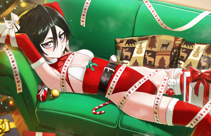 1girl absurdres black_hair bleach breasts candy candy_cane christmas_present christmas_tree couch cushion elbow_gloves food fur-trimmed_gloves fur-trimmed_thighhighs fur_trim gift gloves hair_between_eyes highleg highleg_leotard highres kuchiki_rukia leotard lying on_back on_couch purple_eyes red_gloves red_leotard red_thighhighs ribbon short_hair small_breasts solo thighhighs waligner