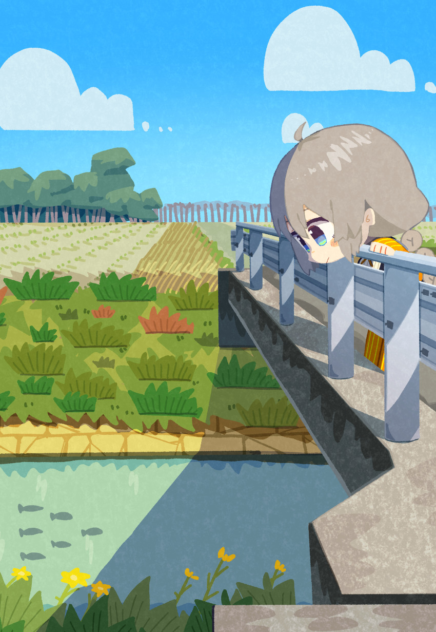 1girl absurdres ahoge blue_eyes blue_sky blush_stickers braid bridge chibi chibi_only closed_mouth cloud commentary_request day fingerless_gloves fish flower full_body gloves grass grey_hair highres kizuna_akari konohoshi long_hair looking_down orange_gloves orange_pantyhose outdoors pantyhose river sky solo standing striped_clothes striped_pantyhose tree vocaloid voiceroid water