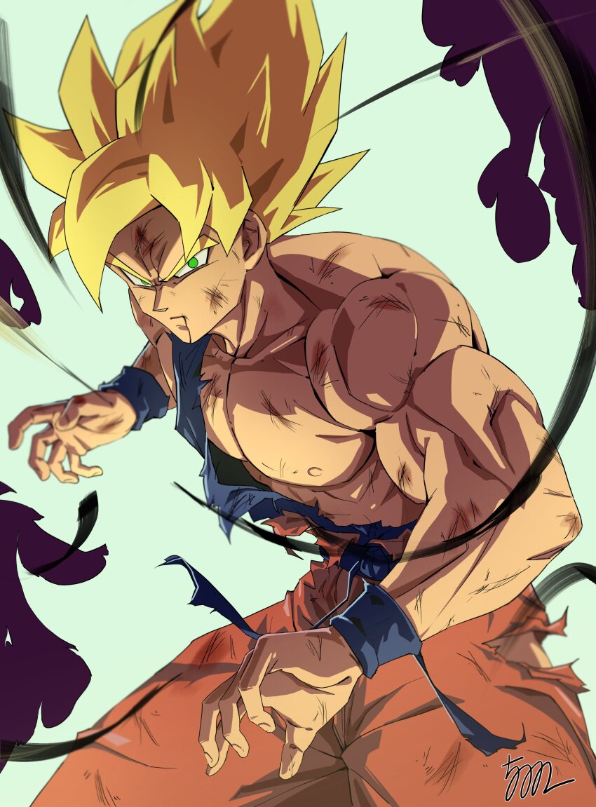 1boy 5002_bus absurdres aura blonde_hair blood blood_from_mouth blue_sash blue_shirt blue_wristband collarbone cowboy_shot dougi dragon_ball dragonball_z fighting_stance green_eyes highres looking_at_viewer male_focus muscular muscular_male orange_pants pants pectorals sash scratches shirt signature solo son_goku super_saiyan super_saiyan_1 torn_clothes torn_pants torn_shirt v-shaped_eyebrows