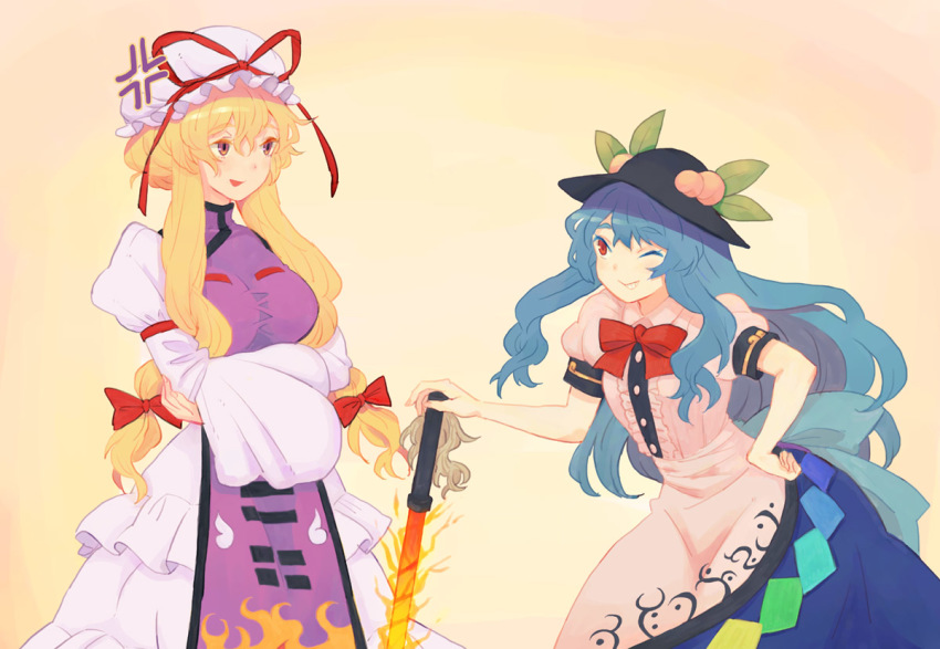 2girls blonde_hair blouse blue_hair blue_skirt bow bowtie breasts contrapposto dress eyebrows hair_ribbon hand_on_own_hip hat hinanawi_tenshi jean_(jean_sp) juliet_sleeves large_breasts leaning_forward long_hair long_sleeves mob_cap multiple_girls puffy_sleeves red_eyes ribbon shirt sidelocks skirt standing sword_of_hisou tabard thick_eyebrows touhou tress_ribbon white_dress white_shirt yakumo_yukari yellow_eyes