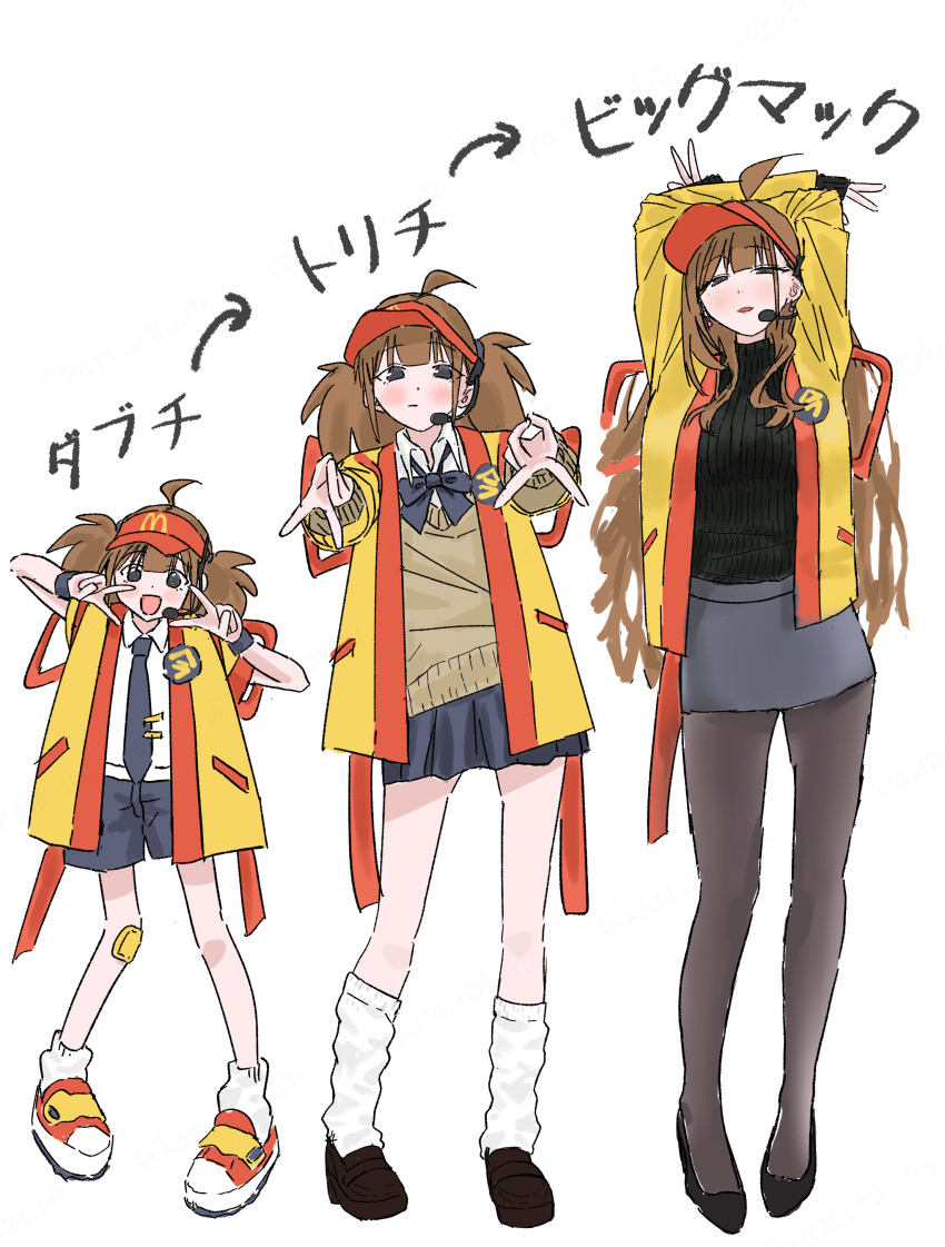 1girl absurdres age_difference age_progression ahoge brown_hair burger double_cheese_(mcdonald&#039;s) double_v earpiece employee_uniform fast_food_uniform food highres jacket kata_itai_hito mature_female mcdonald&#039;s microphone necktie school_uniform shoes shorts simple_background striped_clothes translated twintails v visor_cap white_background wristband