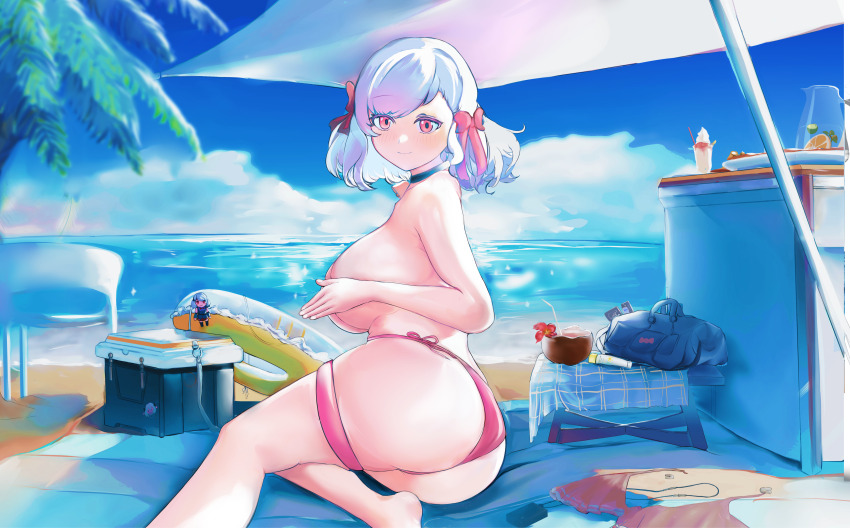 1girl a-ah absurdres ass bare_shoulders beach beach_towel beach_umbrella bikini breasts choker coconut_cup covering_breasts covering_privates girls&#039;_frontline girls&#039;_frontline_2:_exilium hair_ribbon highres large_breasts official_alternate_costume pink_bikini red_eyes ribbon solo spas-12_(girls&#039;_frontline) swim_ring swimsuit thigh_strap towel umbrella white_hair