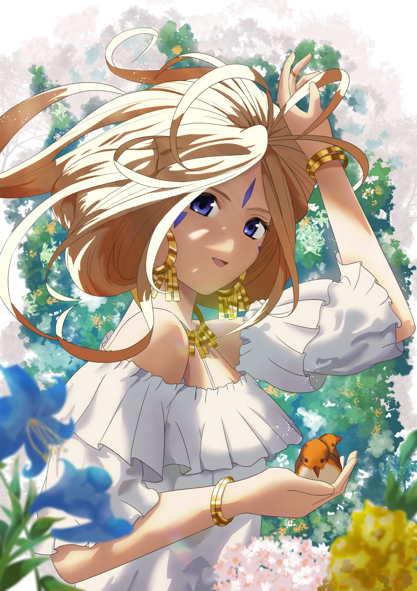 1girl aa_megami-sama absurdres animal belldandy bird blue_eyes blue_flower bracelet brown_hair commentary dress earrings facial_mark flower forehead_mark from_side highres holding holding_animal holding_bird jewelry long_hair looking_at_viewer off_shoulder open_mouth solo upper_body user_zfks3237 white_dress yellow_flower