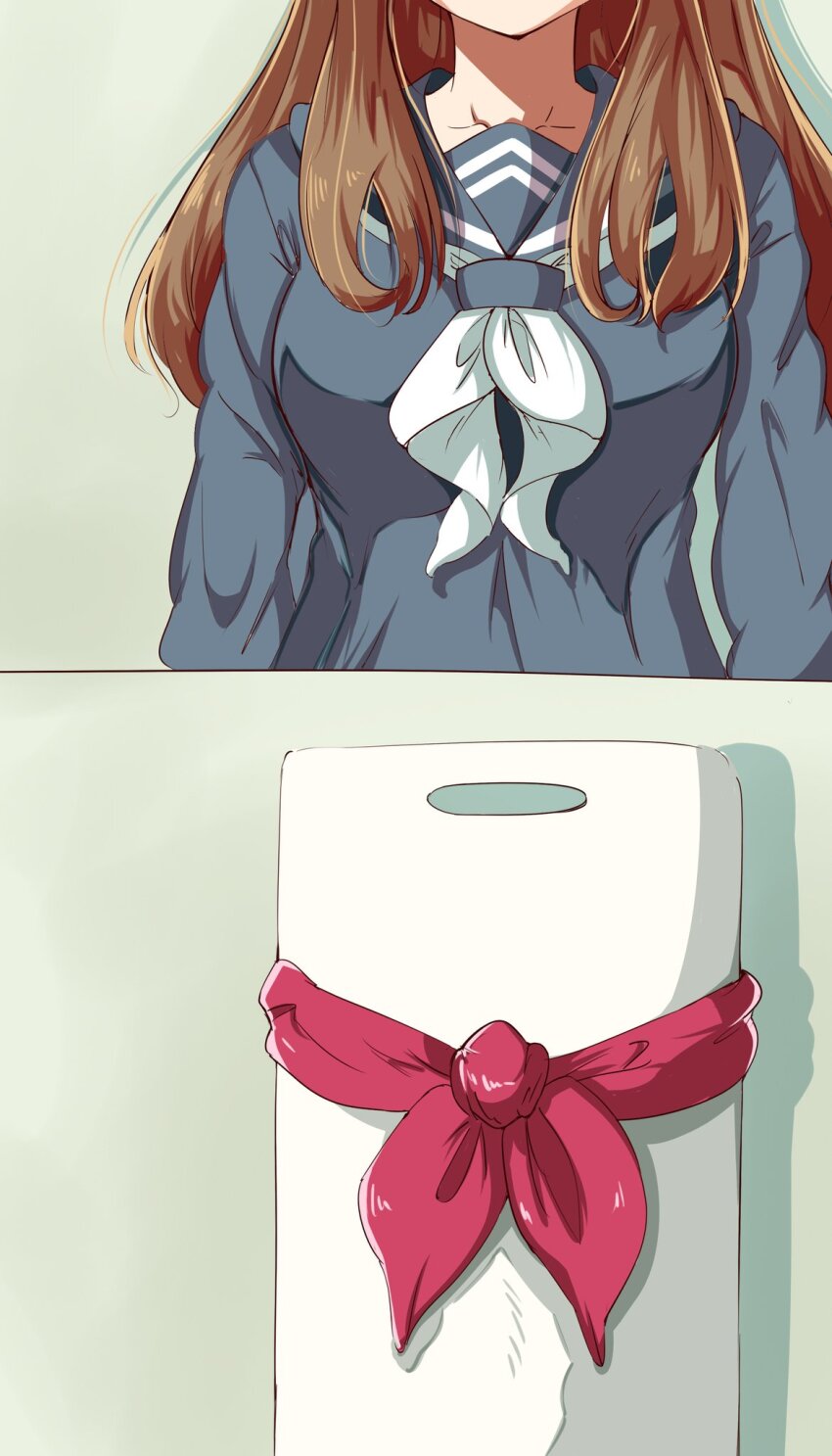 1girl breast_envy breast_focus breasts brown_hair comparison cutting_board flat_chest hibike!_euphonium highres kanmuri_neko kuroe_mayu large_breasts long_hair oumae_kumiko parody