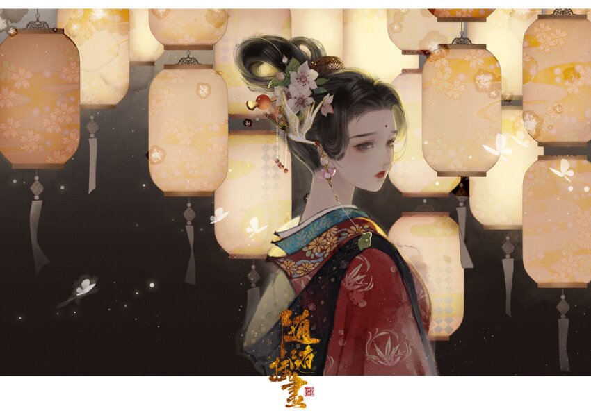 1girl backlighting bird black_hair bug butterfly chinese_clothes chinese_commentary chinese_hairpin chinese_text crane_(animal) eyeshadow feixianji_(hairstyle) flower grey_eyes hair_flower hair_ornament hanfu huadian insect lantern long_hair looking_at_viewer lotus makeup night original pale_skin red-crowned_crane red_eyeshadow red_hanfu red_lips solo translation_request undersized_animal upper_body white_butterfly yangmao_huahua_de_sui_sui