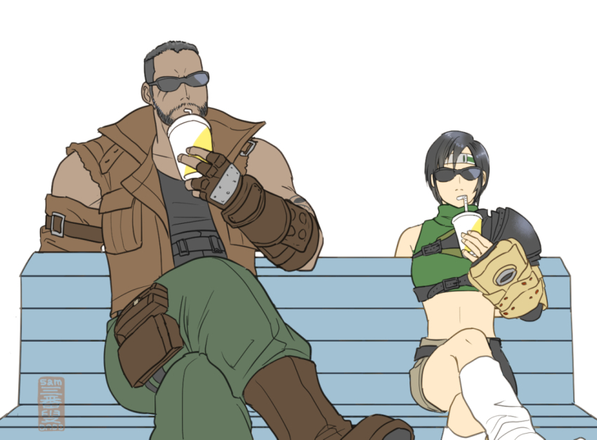 1girl arm_tattoo armor bare_shoulders barret_wallace beard bench black_hair black_tank_top boots breasts brown_footwear brown_gloves brown_shorts brown_vest chest_strap crop_top crossed_legs cup dark-skinned_male dark_skin disposable_cup drinking drinking_straw facial_hair facial_scar final_fantasy final_fantasy_vii final_fantasy_vii_rebirth final_fantasy_vii_remake fingerless_gloves gloves green_pants green_shirt headband holding holding_cup holster imitating loose_socks medium_breasts midriff pants samba_s0 scar scar_on_cheek scar_on_face shirt short_hair shorts shoulder_armor side_cut single_bare_shoulder single_shoulder_pad sitting skull_tattoo sleeveless sleeveless_turtleneck socks sunglasses tank_top tattoo thigh_holster turtleneck upper_body very_short_hair vest white_background white_socks yuffie_kisaragi