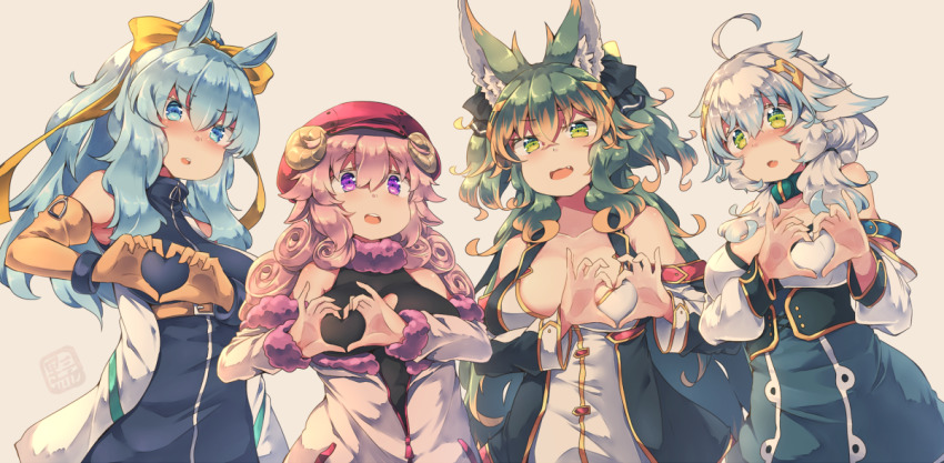 4girls animal_ears black_ribbon blue_eyes blue_hair bow breasts cleavage collar curly_hair fang green_collar green_eyes green_hair grey_background hair_bow hair_ribbon hat heart heart_hands horns jacket kuromiya kuromiya_raika_(kuromiya) kuzakura_mika_(kuromiya) large_breasts long_hair looking_at_viewer multicolored_hair multiple_girls open_mouth orange_hair original pink_hair purple_eyes red_headwear ribbon sheep_horns shiromiya_asuka_(kuromiya) short_hair simple_background smile souma_ren_(kuromiya) two-tone_hair yellow_bow