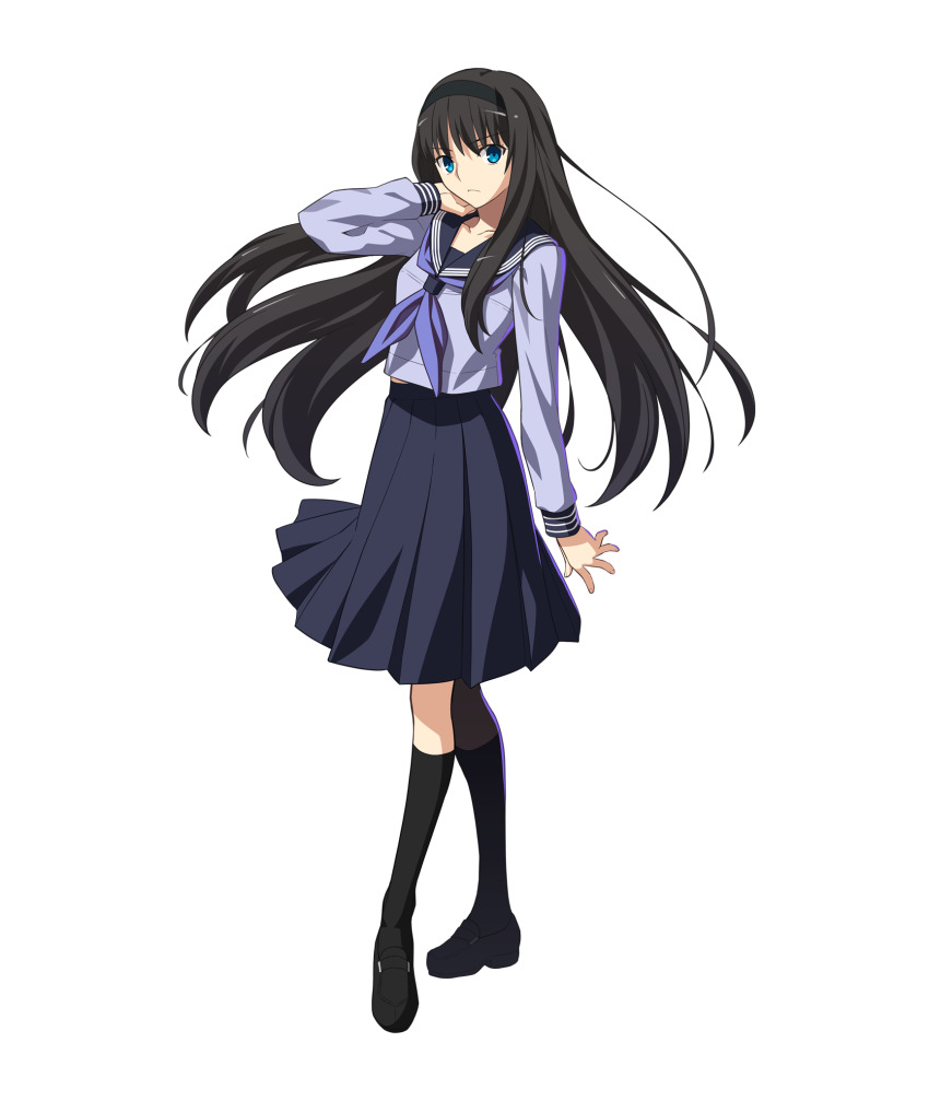 1girl alternate_costume aqua_eyes aqua_shirt aqua_sleeves arm_at_side black_footwear black_hair black_hairband black_socks blue_neckerchief blue_pupils blue_sailor_collar blue_serafuku blue_skirt blue_sleeve_cuffs breasts collarbone fingernails frown game_cg hairband highres horizontal-striped_sleeve_cuffs kneehighs legs_apart loafers long_hair long_sleeves looking_at_viewer medium_breasts medium_skirt melty_blood melty_blood:_type_lumina neckerchief non-web_source official_alternate_costume official_art open_hand petticoat pleated_skirt sailor_collar school_uniform serafuku shirt shoes sidelighting simple_background skirt sleeve_cuffs slip_showing socks solo standing straight_hair striped_collar takeuchi_takashi tohno_akiha transparent_background triple_horizontal_stripe tsukihime tsukihime_(remake) type-moon very_long_hair white_stripes wispy_bangs