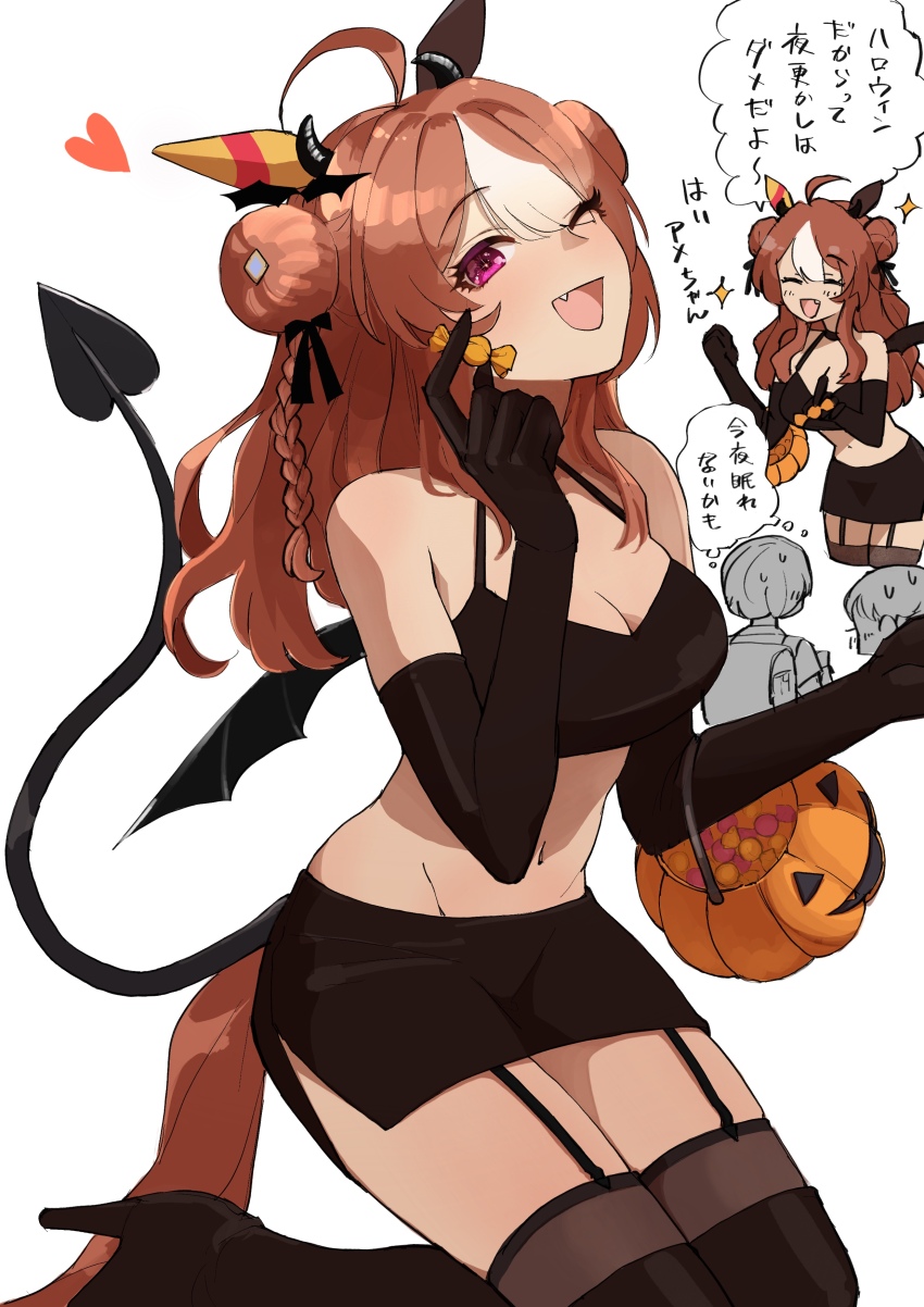 1girl 2boys absurdres alternate_costume animal_ears basket blush breasts cleavage closed_eyes collarbone commentary_request copano_rickey_(umamusume) demon_tail double_bun hair_between_eyes hair_bun hair_ornament halloween_costume highres horse_ears horse_girl horse_tail long_hair looking_at_viewer medium_breasts multiple_boys one_eye_closed purple_eyes sweat tail tamar939338 translation_request umamusume white_background