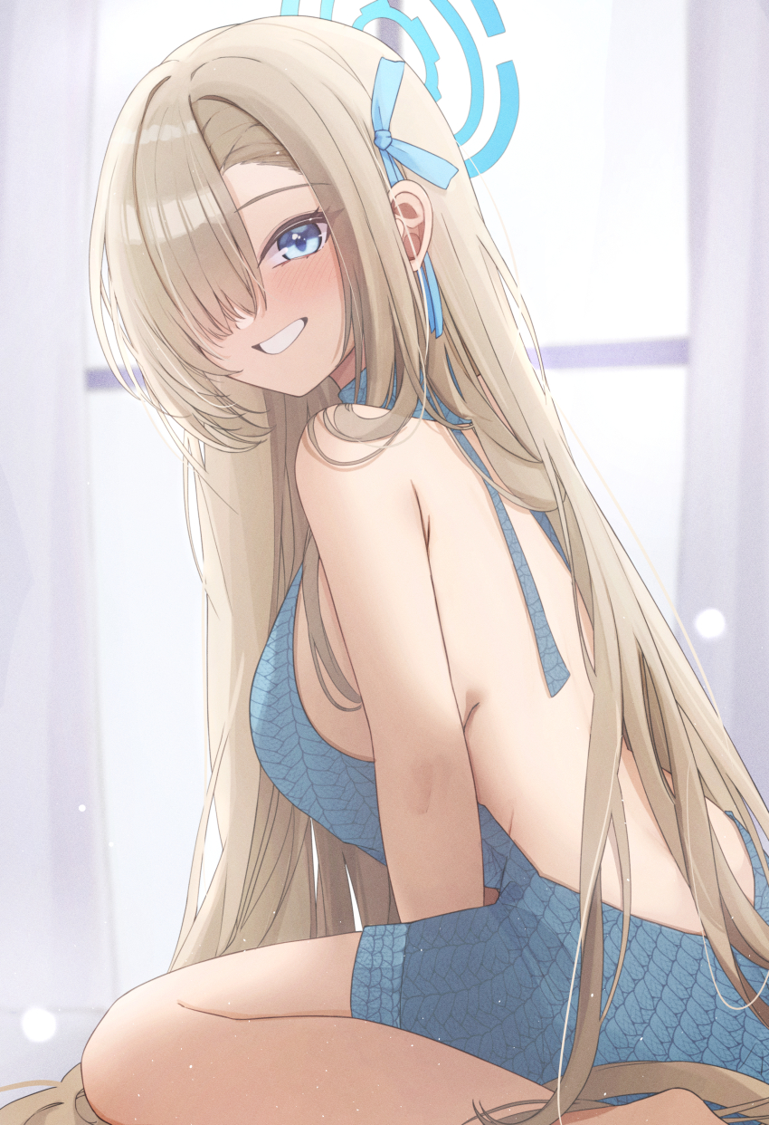 1girl absurdres aqua_halo aqua_ribbon asuna_(blue_archive) asymmetrical_bangs backless_outfit bare_legs barefoot blonde_hair blue_archive blue_eyes blue_sweater blurry blurry_background breasts commentary curtains grin hair_over_one_eye hair_ribbon halo highres indoors large_breasts leaning_forward light_blush light_particles long_hair looking_at_viewer looking_back meme_attire mofu07519 ribbon sidelocks sitting smile solo sweater teeth very_long_hair virgin_killer_sweater wariza window