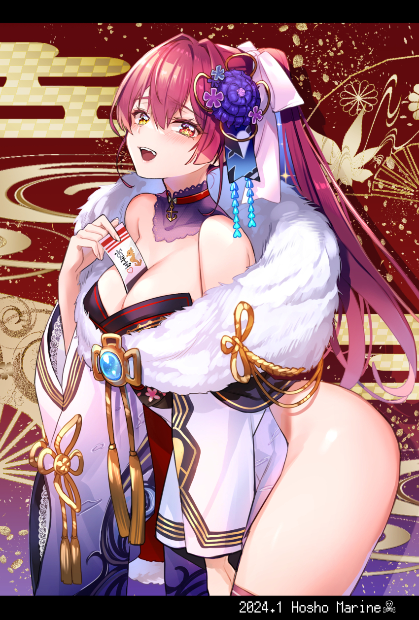 1girl bare_shoulders blush bow breasts cleavage dated detached_collar flower hair_bow hair_flower hair_ornament heterochromia highres hololive houshou_marine houshou_marine_(new_year) japanese_clothes kimono large_breasts long_hair looking_at_viewer official_alternate_costume ponytail red_eyes red_hair shindou_mui smile solo thighhighs virtual_youtuber yellow_eyes