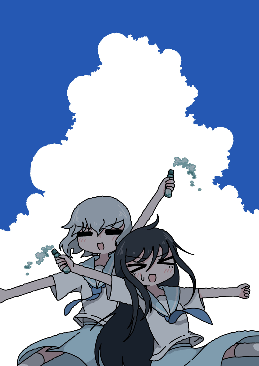 &gt;_&lt; 2girls =_= absurdres arm_up black_hair blue_neckerchief blue_sailor_collar blue_skirt closed_eyes cloud commentary cumulonimbus_cloud day emesan_desu english_commentary grey_hair highres holding long_hair medium_hair multiple_girls neckerchief open_mouth original outdoors sailor_collar sailor_shirt school_uniform serafuku shirt short_sleeves skirt summer thighhighs white_shirt white_thighhighs