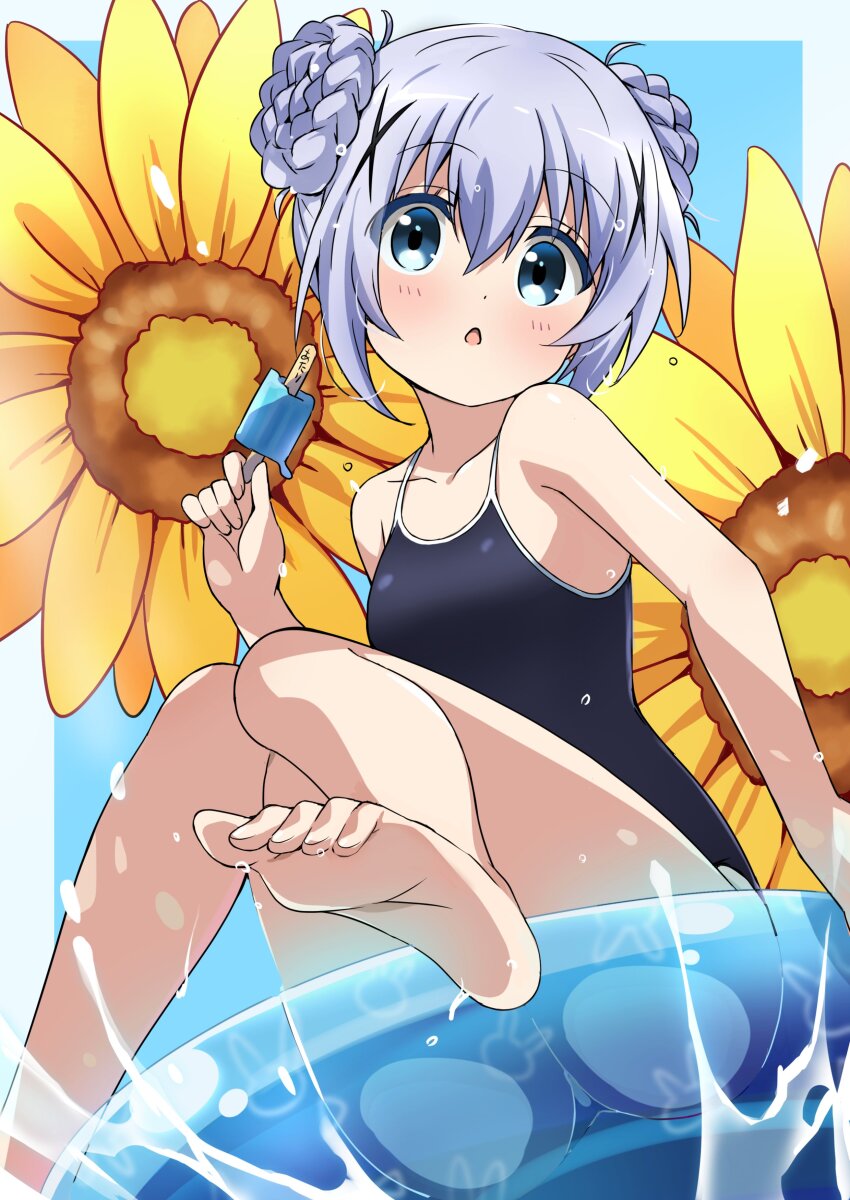 1girl :o absurdres barefoot blue_eyes blue_hair braid braided_bun competition_school_swimsuit competition_swimsuit double_bun feet floral_background flower food foot_focus gochuumon_wa_usagi_desu_ka? hair_bun hair_ornament highres holding holding_food holding_popsicle kafuu_chino legs lifebuoy light_blue_hair long_hair melting one-piece_swimsuit open_mouth popsicle popsicle_stick school_swimsuit sitting solo sunflower swim_ring swimsuit toes tokiani water x_hair_ornament