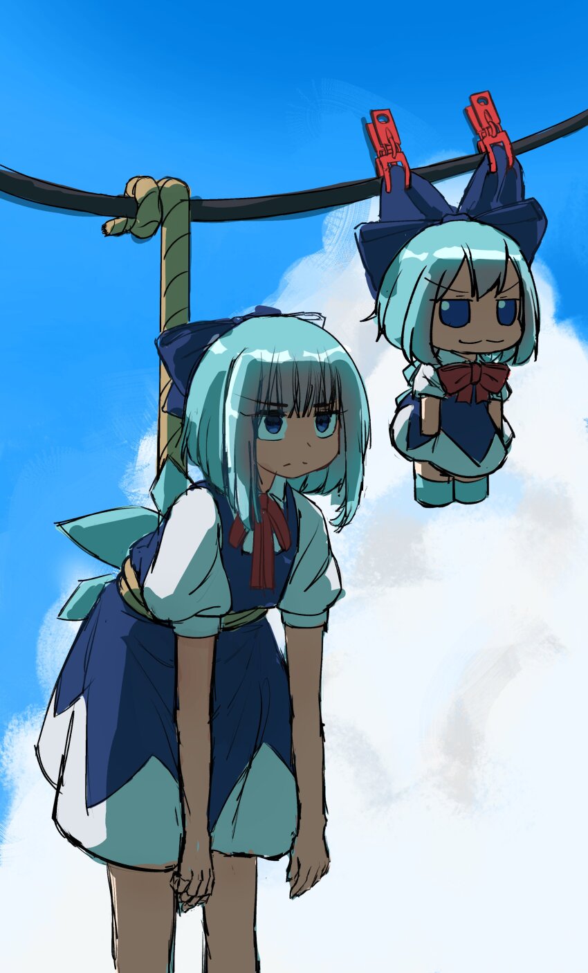 1girl absurdres blue_bow blue_dress blue_eyes blue_hair bow cirno cirno_day closed_mouth clothes_pin dress frown fumo_(doll) hair_bow hanging highres makotogab rope shirt short_sleeves sky split_mouth touhou v-shaped_eyebrows white_shirt