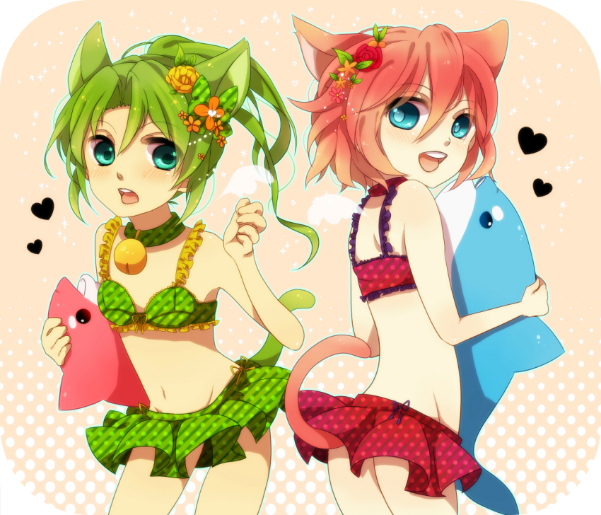 2boys animal_ears aqua_eyes bell bikini blue_eyes blush cat_ears cat_tail crossdressing green_hair hair_ornament heart inazuma_eleven inazuma_eleven_(series) jingle_bell kiyama_hiroto long_hair looking_back midorikawa_ryuuji multiple_boys navel open_mouth ponytail red_hair short_hair smile swimsuit tail trap wings