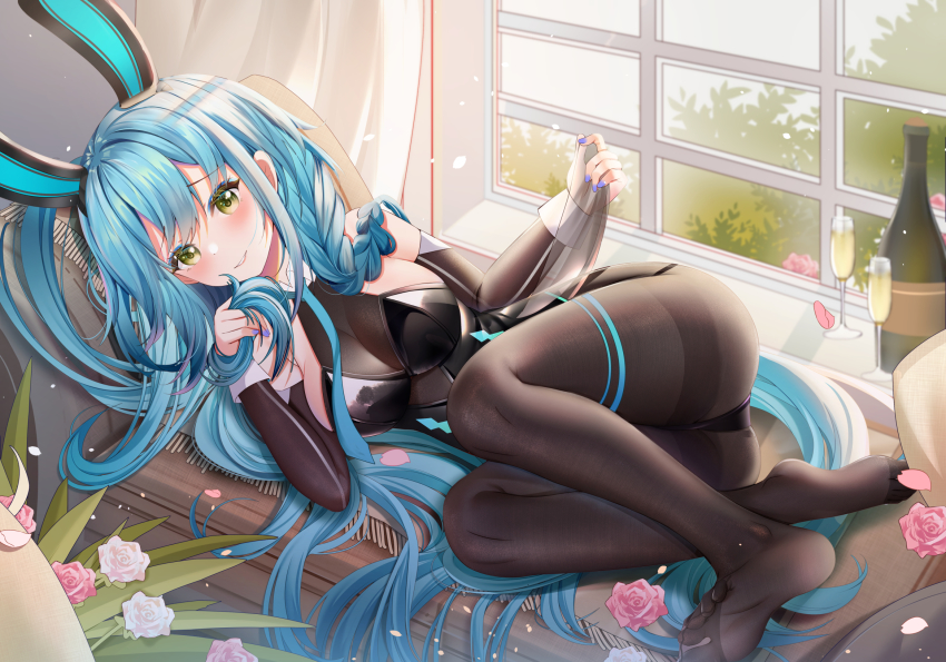 1girl animal_ears azur_lane black_leotard blue_hair blush bodystocking boise_(azur_lane) boise_(sheepish_sapphire)_(azur_lane) bottle braid commentary_request cup detached_sleeves fake_animal_ears feet flower full_body green_eyes highres holding holding_own_hair indoors leotard long_hair long_sleeves looking_at_viewer lying miaogujun nail_polish no_shoes official_alternate_costume on_side pantyhose pink_flower playboy_bunny purple_nails rabbit_ears smile soles solo toes very_long_hair white_flower window