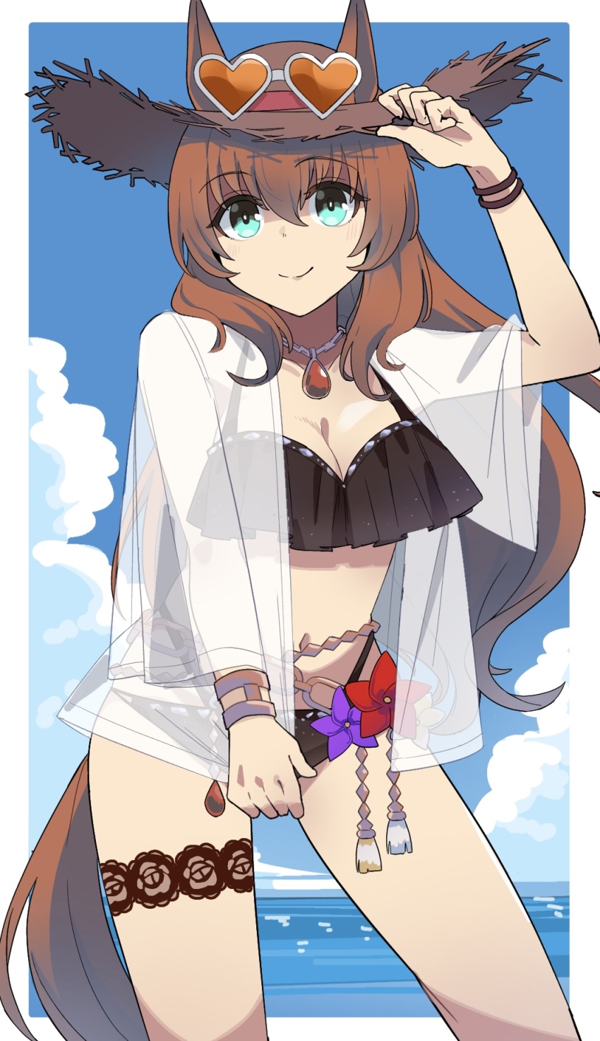 1girl adapted_costume animal_ears aqua_eyes bikini black_bikini breasts brown_hair cleavage collarbone contrapposto cowboy_shot eyewear_on_headwear frilled_bikini frills hair_between_eyes hat heart heart-shaped_eyewear highres horse_ears horse_girl horse_tail jewelry long_hair looking_at_viewer maruzensky_(blasting_off_summer_night)_(umamusume) maruzensky_(umamusume) medium_breasts nazono77 necklace official_alternate_costume open_clothes open_shirt orange-tinted_eyewear see-through_clothes see-through_shirt shirt shirt_tug solo straw_hat sun_hat swimsuit tail tinted_eyewear umamusume white-framed_eyewear