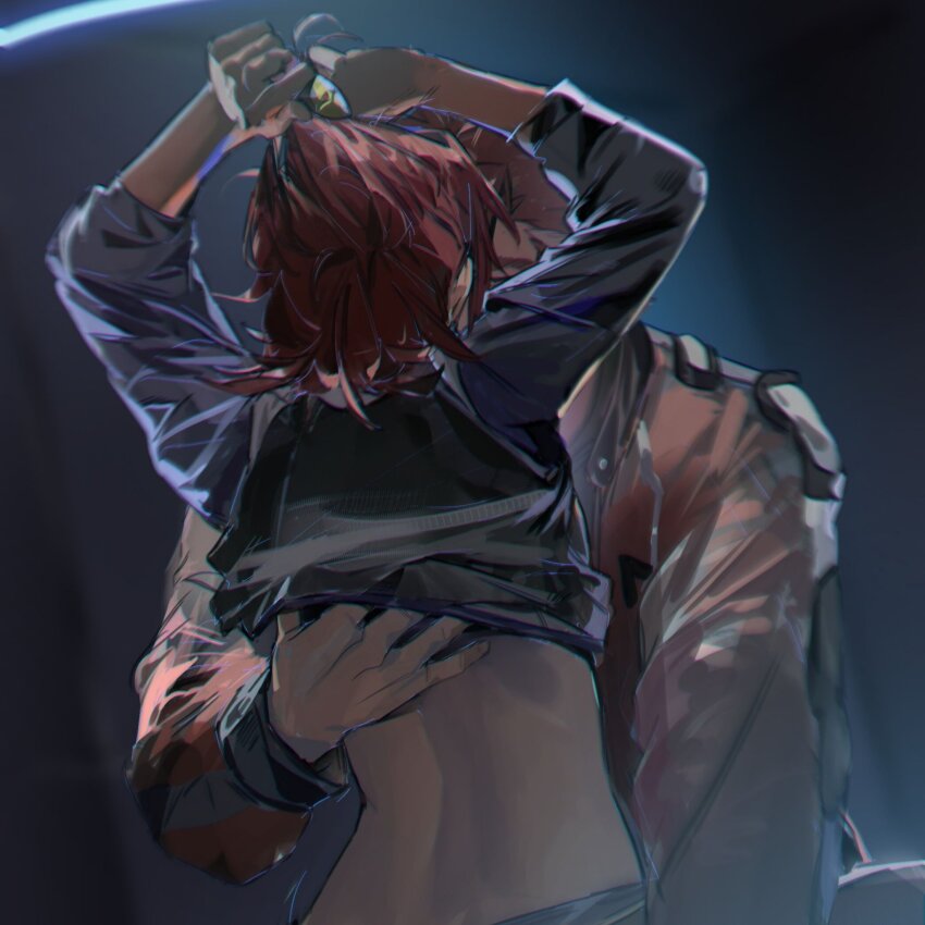 1boy 1girl arad_molders arms_up back back_focus black_vest blue_shirt brown_hair from_behind grey_hair hetero highres jacket kaname_buccaneer macross macross_delta multicolored_hair red_hair red_jacket shirt short_hair streaked_hair undressing untying_hair upper_body vest wangyou_ro