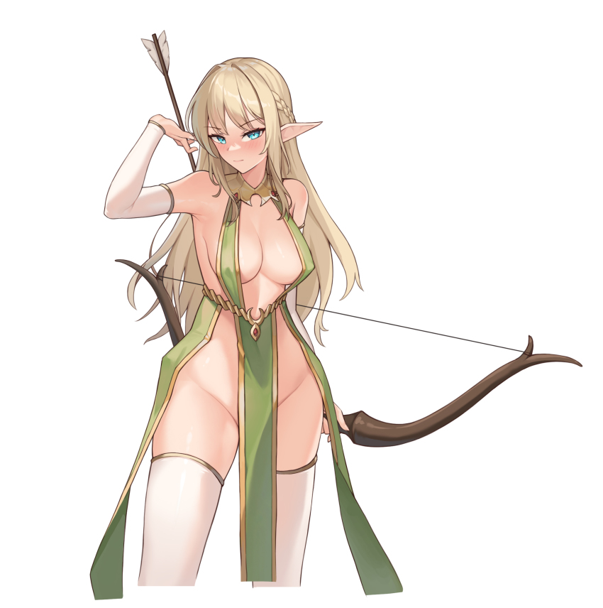 1girl aqua_eyes arm_up armpits arrow_(projectile) bare_shoulders blonde_hair blush bow_(weapon) braid breasts cleavage closed_mouth copyright_request covered_erect_nipples cropped_legs detached_sleeves elf groin highres holding holding_arrow holding_bow_(weapon) holding_weapon large_breasts long_hair long_sleeves looking_at_viewer no_panties pelvic_curtain pointy_ears revealing_clothes revision sbbs simple_background solo thighhighs v-shaped_eyebrows very_long_hair weapon white_background white_thighhighs