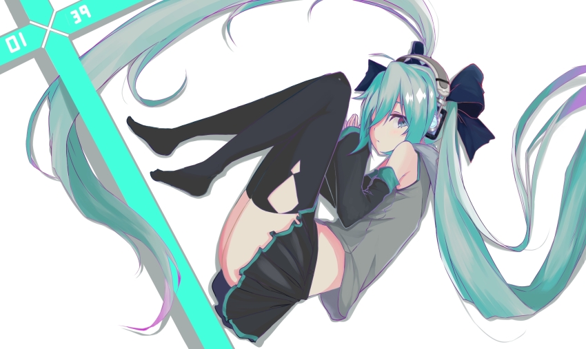 1girl 39 absurdly_long_hair bare_shoulders black_bow black_skirt black_sleeves black_thighhighs bow closed_mouth commentary detached_sleeves eyebrows_hidden_by_hair from_above full_body green_hair grey_eyes grey_shirt hair_between_eyes hair_bow hair_spread_out hands_up hatsune_miku headphones highres icexfire3 knees_together_feet_apart legs light_blush long_hair long_sleeves looking_at_viewer lying miniskirt no_shoes on_side pleated_skirt shirt simple_background skirt sleeveless sleeveless_shirt solo thighhighs twintails very_long_hair vocaloid white_background wide_sleeves