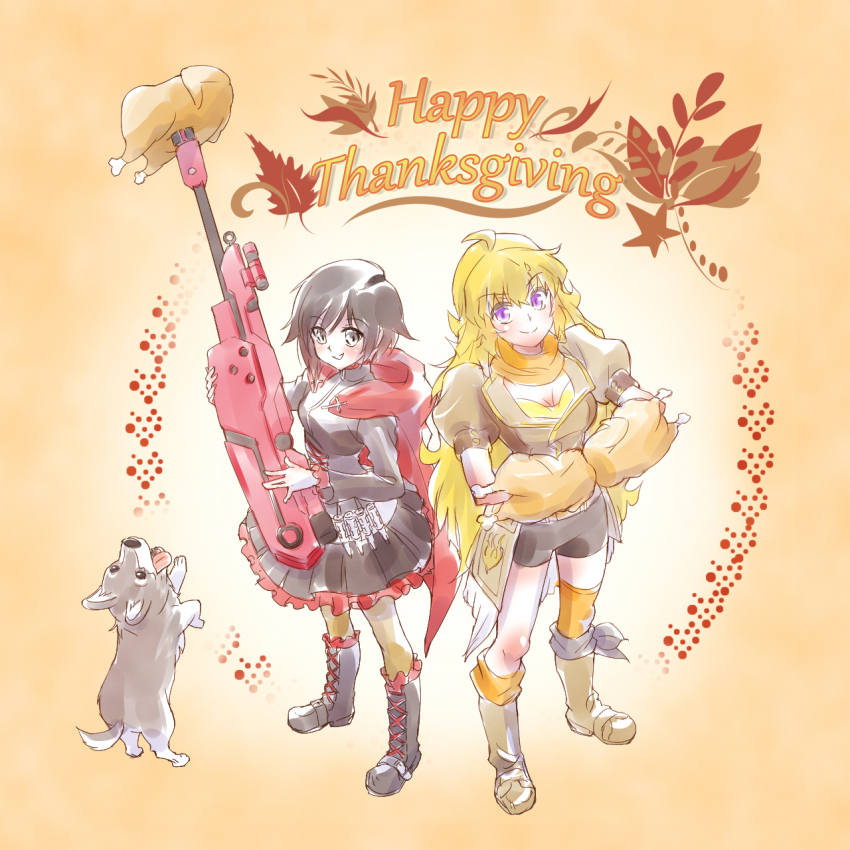 2girls english_text food highres iesupa multiple_girls ruby_rose rwby siblings sisters thanksgiving turkey_(food) welsh_corgi yang_xiao_long zwei_(rwby)