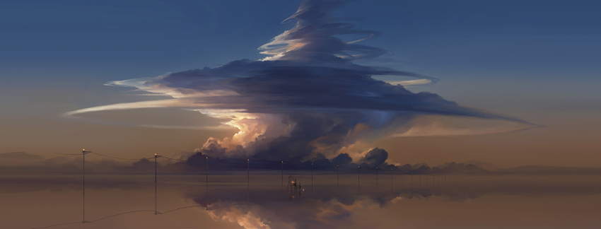 1boy 1girl bad_id bad_pixiv_id cloud dress easel han_yijie highres horizon ladder landscape long_hair original outdoors paintbrush power_lines reflection scenery short_hair sitting sky surreal utility_pole