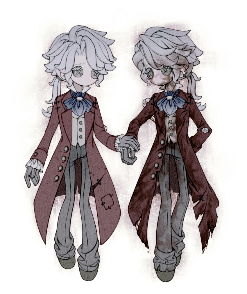 2boys ascot black_footwear black_gloves blood blood_in_hair blood_on_clothes blood_on_face blood_on_neck blue_ascot button_eyes buttons chinese_commentary coat commentary_request dual_persona frederick_kreiburg frilled_sleeves frills full_body gloves grey_eyes grey_hair grey_pants hand_on_another&#039;s_wrist highres identity_v long_hair low_ponytail male_focus multiple_boys no_mouth no_nose open_clothes open_coat pants ponytail procreate_(medium) red_coat shirt vest white_shirt white_vest yigeweiren607