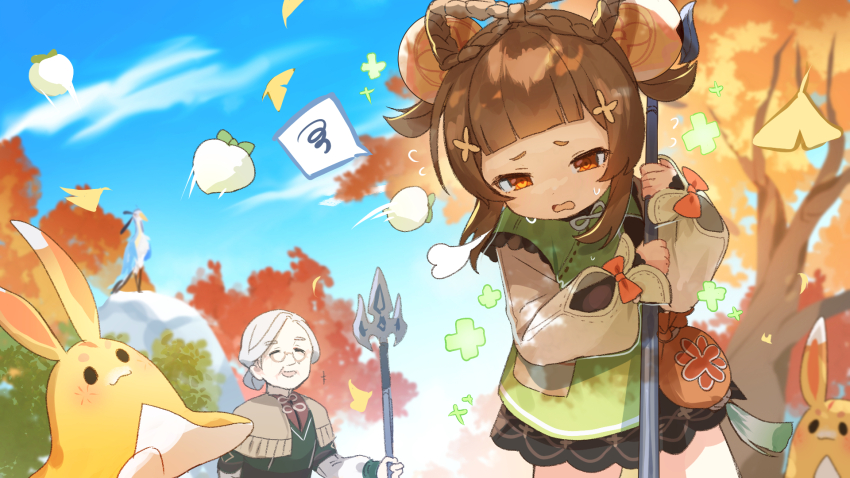 2girls :d arisuke_(natuyan) bag bell bird black_dress blue_sky blunt_bangs blush bow bow-shaped_hair braid brown_eyes brown_hair closed_eyes cloud cloud_retainer_(genshin_impact) commentary_request crane_(animal) day dress exhausted falling_leaves flying_sweatdrops gameplay_mechanics genshin_impact ginkgo_leaf glasses gradient_sleeves green_jacket hair_bell hair_bun hair_ornament healing highres holding holding_polearm holding_weapon jacket jingle_bell laughing leaf leaning_forward long_sleeves looking_down madame_ping_(genshin_impact) medium_hair multiple_girls old old_woman open_mouth orange_bow outdoors polearm puff_of_air puffy_long_sleeves puffy_sleeves radish raised_eyebrows rock short_eyebrows sidelocks single_hair_bun sky smile speech_bubble spoken_squiggle squiggle standing stuffed_animal stuffed_rabbit stuffed_toy sweat tassel tree weapon white_hair xianyun_(genshin_impact) yaoyao_(genshin_impact) yuegui_(genshin_impact)