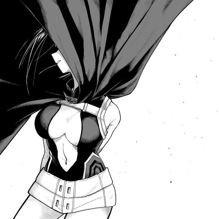 1girl arms_behind_back boku_no_hero_academia breasts center_opening cloak greyscale highres large_breasts leotard mangakashibou monochrome navel solo yaoyorozu_momo