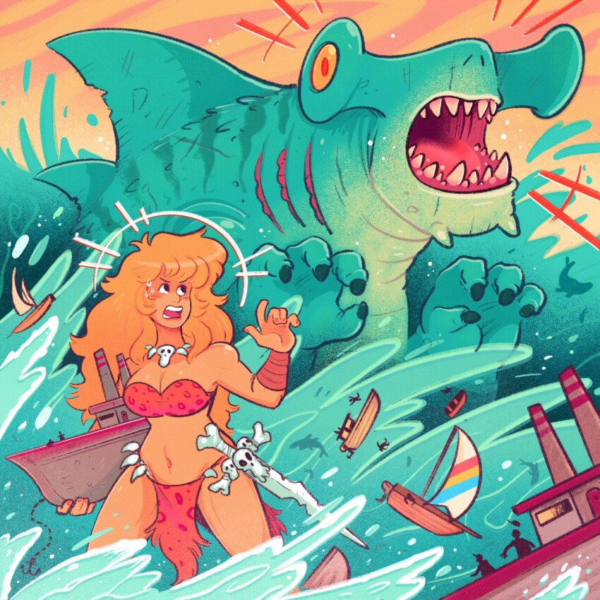 1girl anchor battle blonde_hair boat bone bra breasts cargo_ship claws commentary destruction english_commentary fangs giant giant_monster giantess glowing glowing_eyes highres jewelry kaiju large_breasts long_hair mini_person miniboy monster monster_focus mostlyghostly necklace ocean open_mouth original outdoors red_bra red_eyes red_nails reptile reptilian sailboat scales science_fiction sharp_teeth ship size_difference skull_necklace spines sweat tanker_(ship) teeth underwear watercraft waves worried