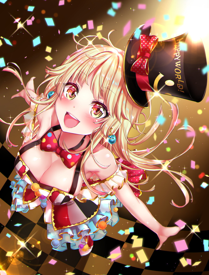 1girl :d bang_dream! bare_shoulders blonde_hair blush bow bowtie breasts checkered_floor cleavage confetti earrings frilled_skirt frills from_above hat hat_bow highres jewelry kamita long_hair looking_at_viewer medium_breasts open_mouth outstretched_arms planet_earrings polka_dot polka_dot_bow polka_dot_neckwear sidelocks skirt sleeveless smile solo spread_arms top_hat tsurumaki_kokoro yellow_eyes