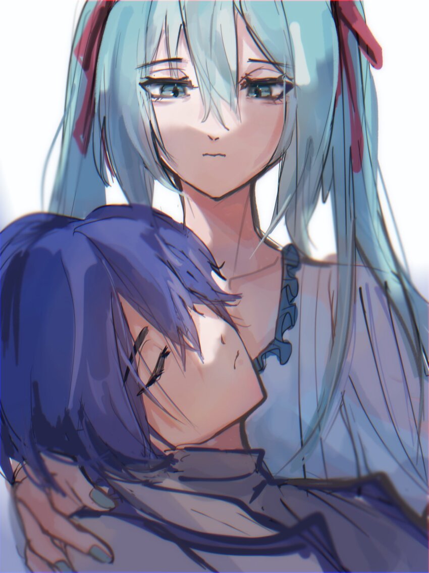 1boy 1girl adam_moonlit aqua_eyes aqua_hair aqua_nails coat collar collarbone couple dress eve_moonlit evillious_nendaiki frilled_collar frilled_dress frills hair_ribbon half-closed_eyes hand_on_another&#039;s_shoulder hatsune_miku highres kaito_(vocaloid) lab_coat looking_at_another looking_down ma_keikaku_(vocaloid) naomi_(lnnm18786858) pink_ribbon ribbon sleeping sleeping_on_person twintails vocaloid white_coat