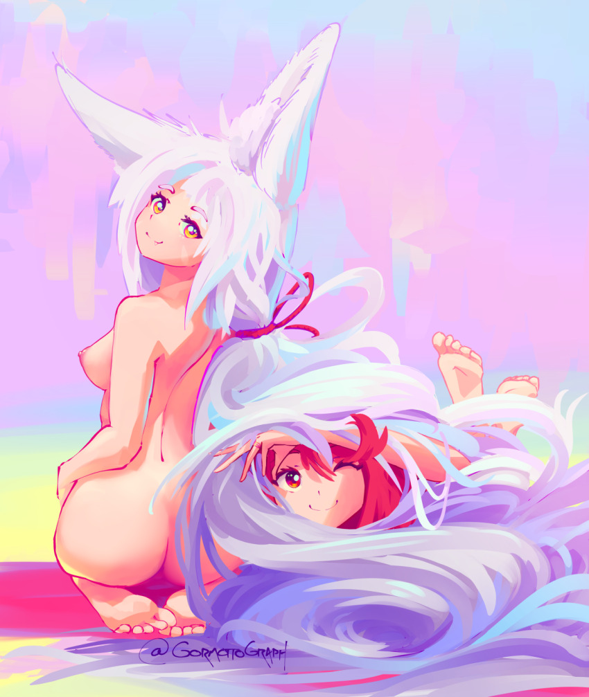 2girls animal_ears ass back barefoot breasts cat_ears completely_nude feet gormottograph grey_hair head_tilt highres long_hair looking_at_viewer looking_back multiple_girls nia_(blade)_(xenoblade) nia_(xenoblade) nude one_eye_closed pyra_(xenoblade) red_eyes red_hair sitting smile soles toes very_long_ears very_long_hair xenoblade_chronicles_(series) xenoblade_chronicles_2