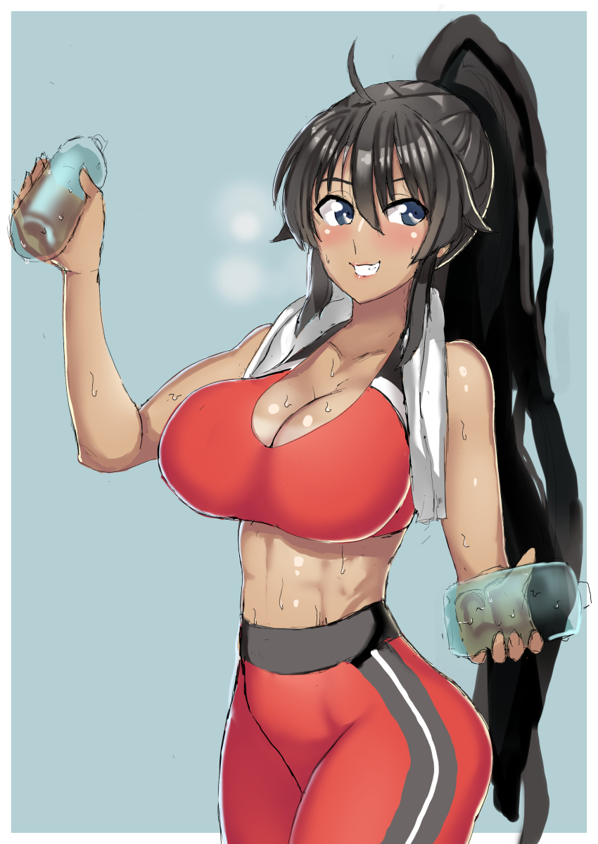 1girl absurdres ahoge aqua_background arm_up black_hair blue_eyes bottle breasts cleavage collarbone dark-skinned_female dark_skin gym_pants highres holding holding_bottle homura_(senran_kagura) jeaike_art large_breasts lips long_hair looking_at_viewer pants ponytail senran_kagura senran_kagura_estival_versus senran_kagura_shinovi_versus shiny_skin sidelocks simple_background smile sports_bra sportswear sweat teeth towel towel_around_neck water_bottle