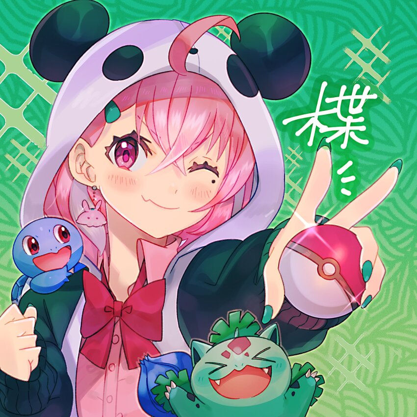 &gt;_&lt; 1girl ahoge animal_hood blush bow creatures_(company) earrings eyelashes fang game_freak gen_1_pokemon glint green_background green_nails hair_between_eyes highres holding holding_poke_ball hood ivysaur jewelry nijisanji nintendo one_eye_closed panda_hood pink_shirt poke_ball pokemon pokemon_(creature) red_bow sasaki_saku shirt skin_fang squirtle virtual_youtuber yasaikakiage