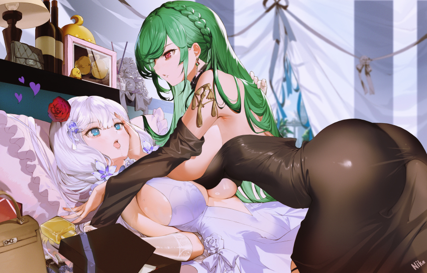 2girls absurdres after_kiss ass azur_lane bare_shoulders blue_eyes box breast_press breasts brown_dress commentary_request detached_sleeves dress earrings flower from_side gift gift_box girl_on_top gloves green_hair hair_between_eyes hair_flower hair_ornament hand_on_another&#039;s_back hand_on_another&#039;s_cheek hand_on_another&#039;s_face heart highres illustrious_(azur_lane) impossible_clothes impossible_dress indoors italian_flag jewelry lamp large_breasts littorio_(azur_lane) long_hair lying multiple_girls nike_(nike1060) on_back open_mouth parted_lips partially_translated pillow purple_flower red_eyes red_flower saliva saliva_trail shelf sideboob symmetrical_docking translation_request white_dress white_gloves white_hair wide_sleeves yuri