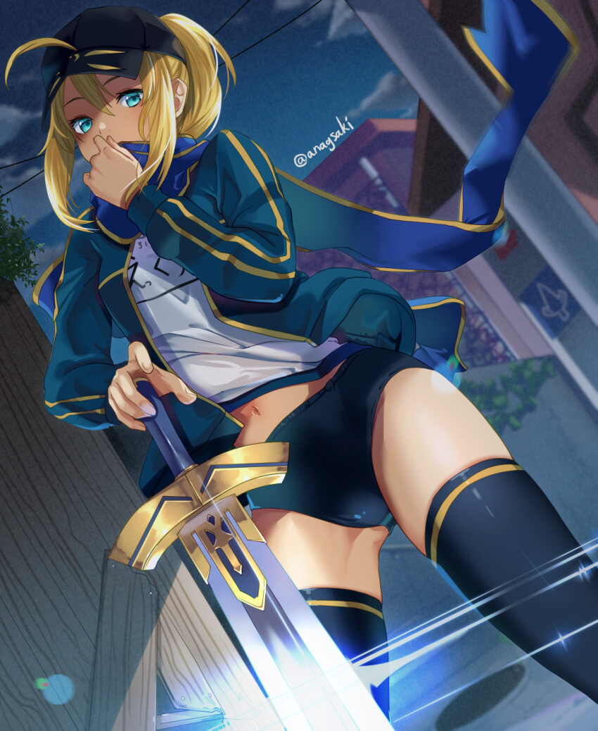 1girl ahoge aona_(anagasaki) artoria_pendragon_(fate) baseball_cap black_buruma black_hat black_thighhighs blonde_hair blue_eyes blue_jacket blue_scarf breasts buruma fate/grand_order fate_(series) hair_between_eyes hat highres himitsucalibur_(fate) jacket long_hair long_sleeves looking_at_viewer mysterious_heroine_x_(fate) mysterious_heroine_x_(second_ascension)_(fate) open_clothes open_jacket ponytail scarf shirt sidelocks small_breasts solo sword thighhighs thighs weapon white_shirt