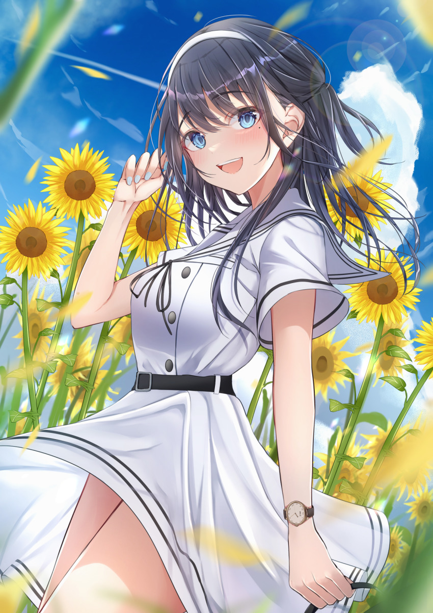 1girl belt black_hair blue_eyes blue_sky blurry cloud commentary_request day depth_of_field dress flower hair_between_eyes hairband highres kunimine_yuzuki lens_flare long_hair looking_at_viewer open_mouth original outdoors sailor_collar sailor_dress school_uniform serafuku short_sleeves sky smile solo sunflower sunflower_petals teeth upper_teeth_only watch white_dress white_sailor_collar wristwatch