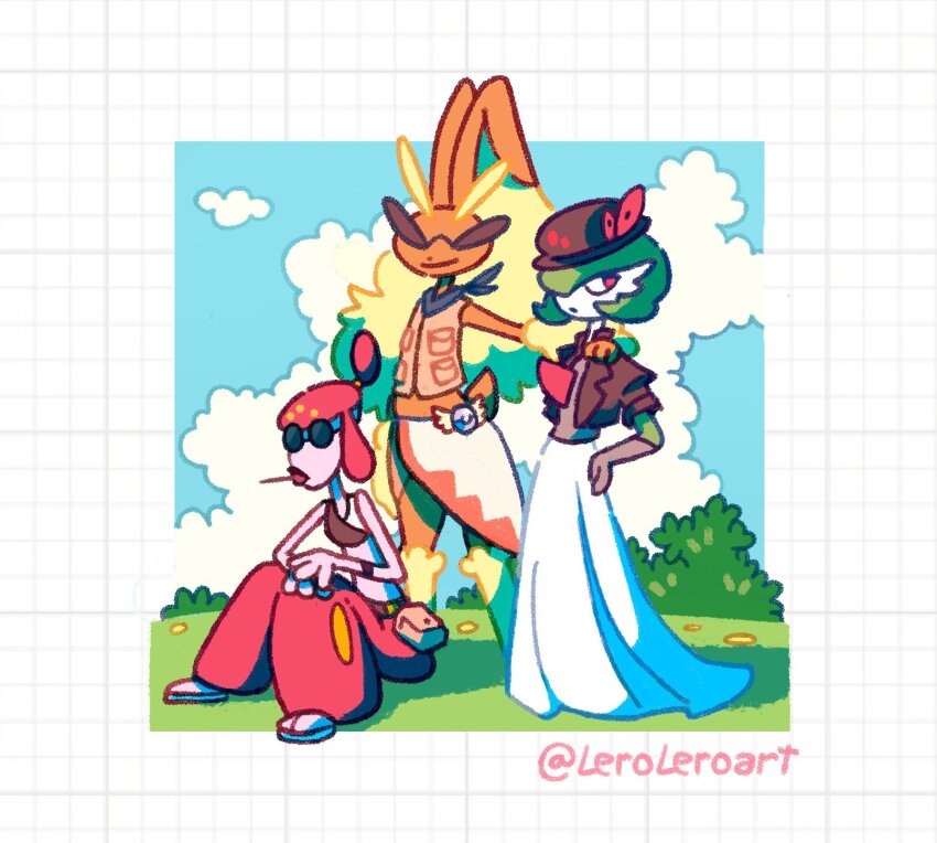 3girls artist_name blue_sky brown_fur clothed_pokemon cloud colored_skin creatures_(company) dress furry game_freak gardevoir gen_3_pokemon gen_4_pokemon grass green_skin hair_over_one_eye highres leroleroart lopunny medicham multicolored_skin multiple_girls nintendo on_grass pink_skin pokemon pokemon_(creature) pokemon_mystery_dungeon sky sunglasses two-tone_skin white_dress white_skin