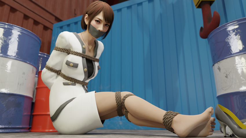 1girl arms_behind_back barefoot bdsm bondage bound bound_ankles bound_arms bound_legs breasts brown_eyes brown_hair gag gagged highres improvised_gag ironlawbringer jewelry legs looking_at_viewer mukoda_saeko necklace rope ryuu_ga_gotoku_(series) ryuu_ga_gotoku_7 sega shoes unworn_shoes skirt tape tape_gag