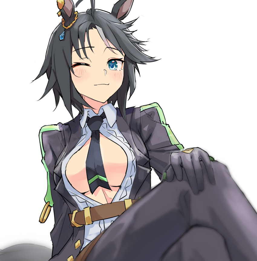 1girl ;) absurdres ahoge animal_ears black_gloves black_hair black_jacket black_necktie black_pants blue_eyes breasts center_frills center_opening frilled_shirt frills fuji_kiseki_(umamusume) gloves hair_between_eyes highres horse_ears horse_girl horseshoe_ornament jacket jtleeklm long_sleeves looking_at_viewer necktie one_eye_closed pants revealing_clothes shirt short_hair sideboob simple_background sitting smile solo umamusume white_background white_hair white_shirt