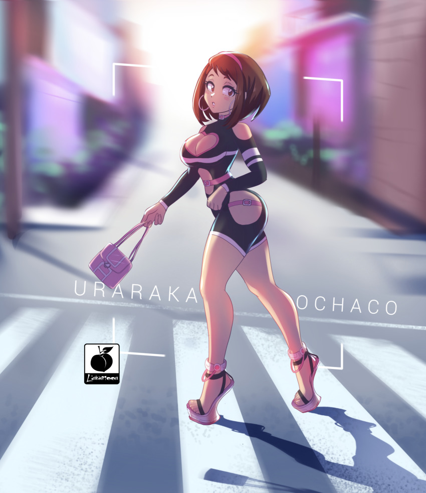 1girl absurdres adapted_costume bag belt bodysuit boku_no_hero_academia breasts camera_lens center_opening cleavage_cutout clothing_cutout crosswalk earrings handbag heel-less_heels heel-less_shoes high_heels highres hip_vent hoop_earrings jewelry jumpsuit linkartoon looking_to_the_side medium_breasts platform_footwear revealing_clothes sandals short_jumpsuit shoulder_cutout solo uraraka_ochako viewfinder walking