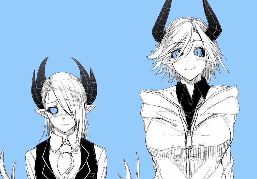 2girls age_progression april_fools black_horns black_shirt black_vest blue_background blue_eyes breasts colored_skin demon_girl demon_horns dolores_(mazohaha) frown height_difference highres hood hoodie horns irasrgsmk jacket large_breasts limited_palette mature_female medium_hair multiple_girls musuko_ga_kawaikute_shikatanai_mazoku_no_hahaoya pointy_ears shirt siblings sisters smile teresa_(mazohaha) vest white_hair white_jacket white_skin zipper_pull_tab