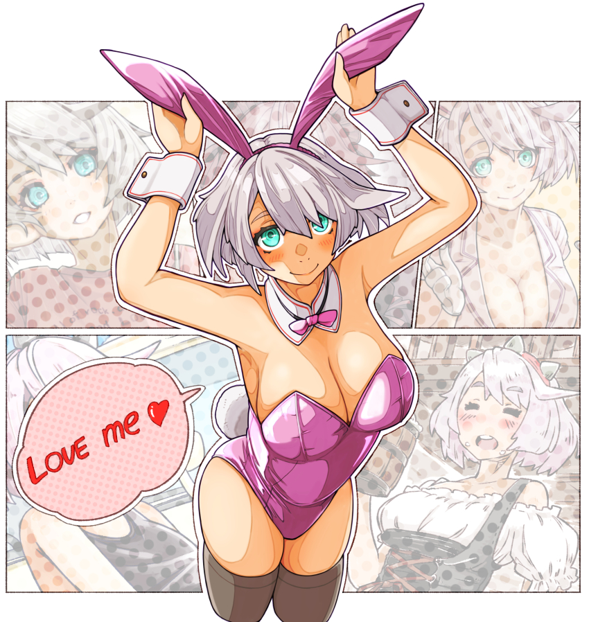 1girl =_= absurdres animal_ears breasts closed_mouth collage_background collar commentary cropped_legs detached_collar elphelt_valentine english_commentary english_text fake_animal_ears from_above green_eyes grey_hair guilty_gear hairband highleg highleg_leotard highres large_breasts leotard medium_hair parted_bangs pink_hairband pink_leotard playboy_bunny rabbit_ears skindentation speech_bubble sugajyun thighs white_collar